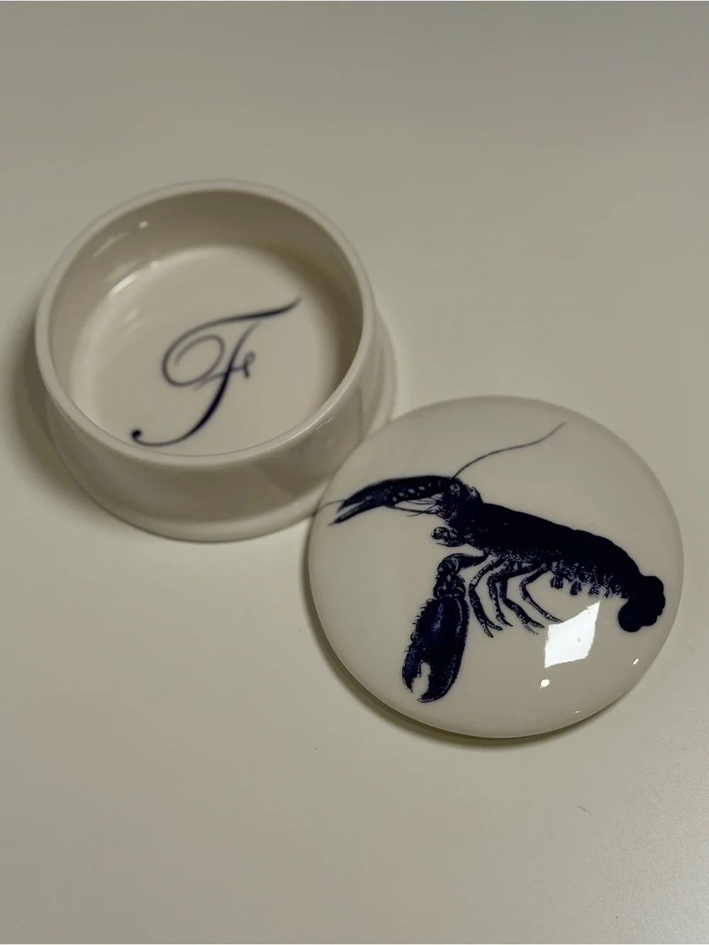 Caskata Blue Lobster Porcelain Round Trinket Jewelry Box 